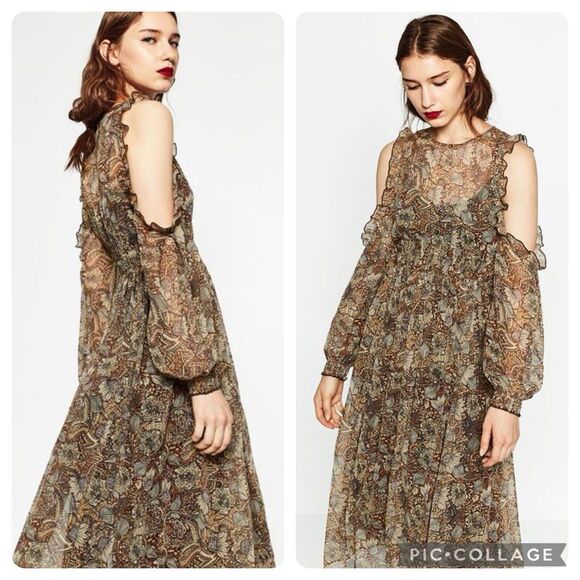 Zara Basic Collection Sz M Cold Shoulder Brown Sheer Midi Dress Floral Paisley - Picture 1 of 12